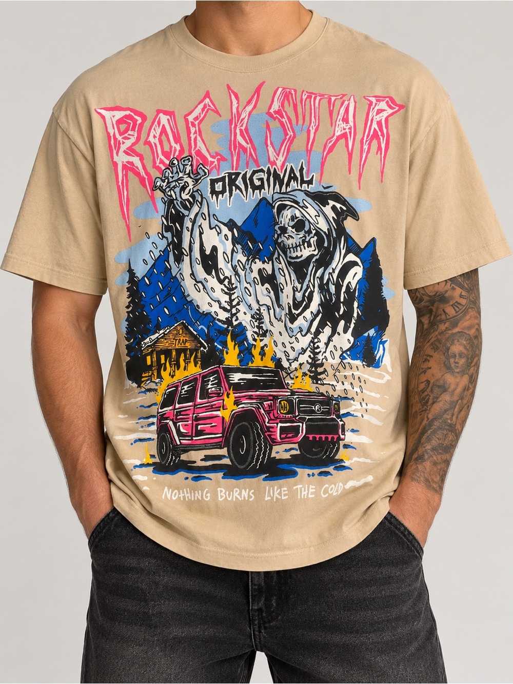 Rockstar Original Men’s S Grim Reaper Graphic T-Shirt Beige Streetwear Y2K